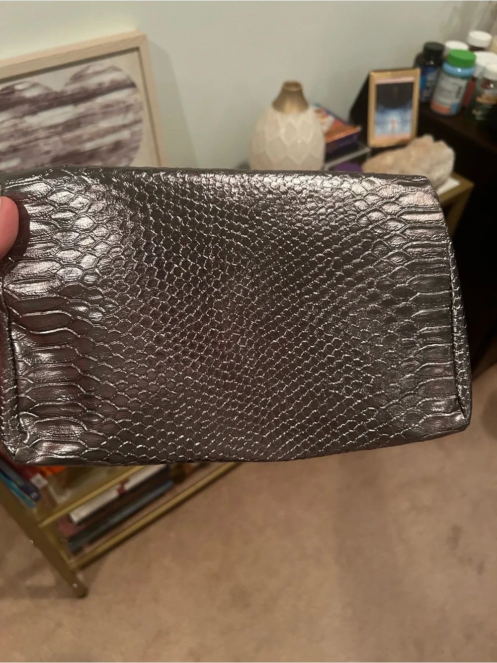 Metallic Textured Fold-Over Clutch Handbag - Pewter